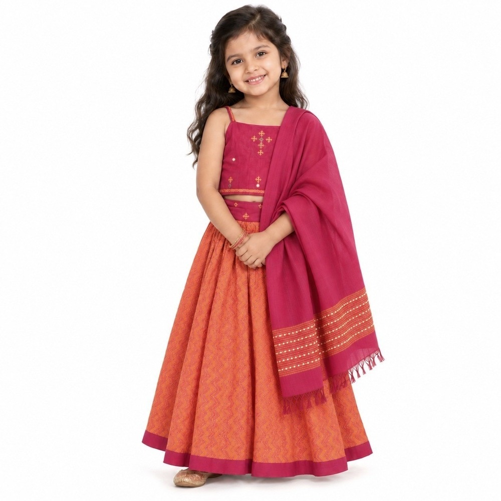 Fabindia Lehenga Choli Set Ethnic Embroidered Pink Orange Cotton Girls M 4-6Y